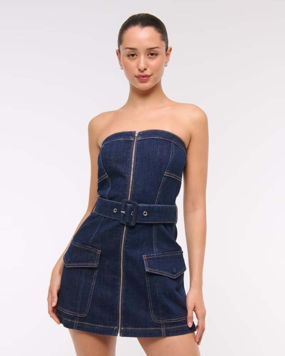 Abercrombie & Fitch Denim Strapless Mini Dress Belted Front Zip Dark Wash NWT M